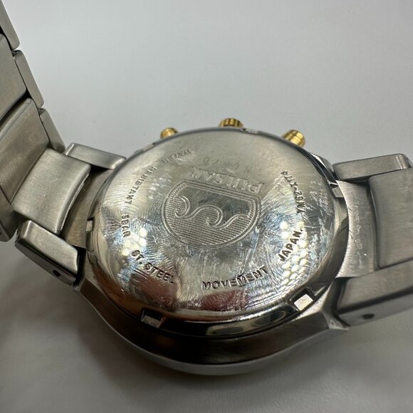 Pulsar Chronograph Watch Men Silver Gold Two-Tone Blue Dial New Battery 8.25" - Picture 5 of 12